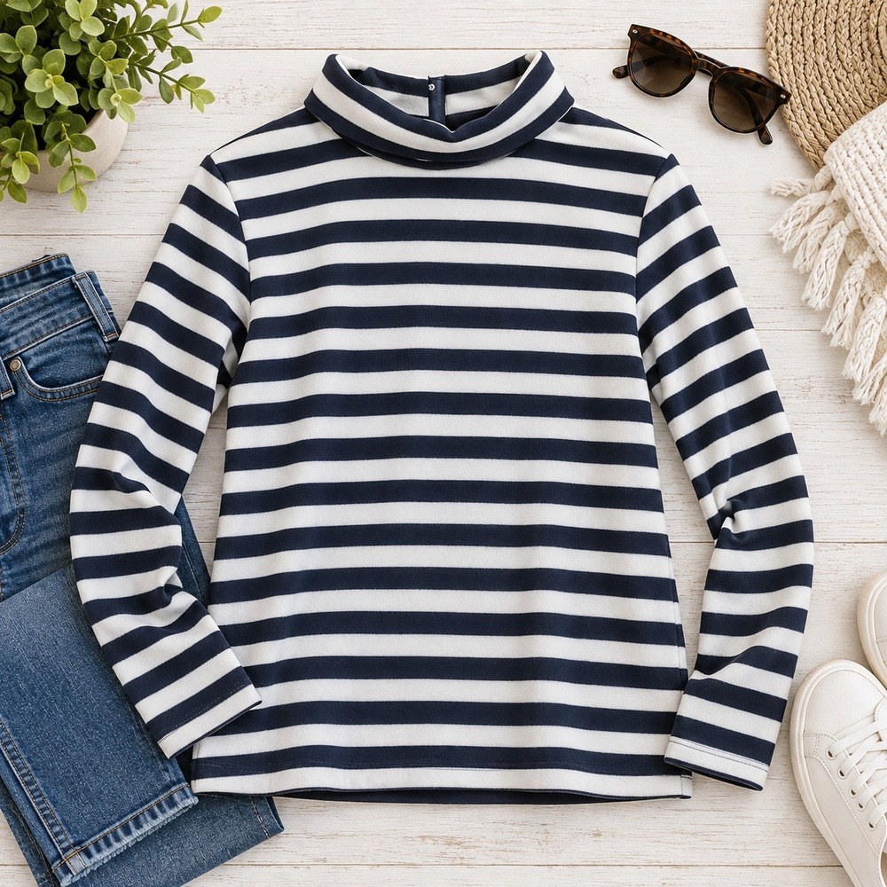 DUDLEY STEPHENS PARK SLOPE Med Navy Striped Fleece Turtleneck Pullover Sweater